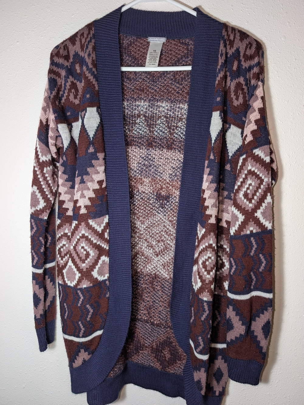 Charlotte Russe Navy, Brown & Pink Geometric Open-Front Cardigan